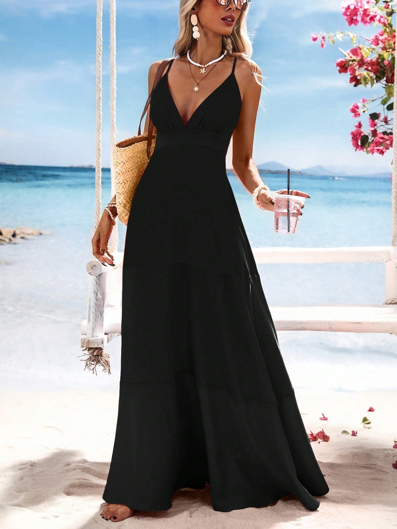 Vivid Eden Vestido largo de mujer con cuello en V y bloques de color tejidos, conjuntos de primavera y verano, ropa de verano, San Valentín, conjuntos de vacaciones para mujer, conjuntos de playa para mujer, festival, ropa romántica y elegante, bohemia, boho, dulce, conjuntos para raves y festivales, ropa de vacaciones tropicales para mujer, carnaval, Superventas, Festa Junina, Vestido Festa Junina, Ropa de vacaciones tropicales para mujer, Ropa boho para mujer
