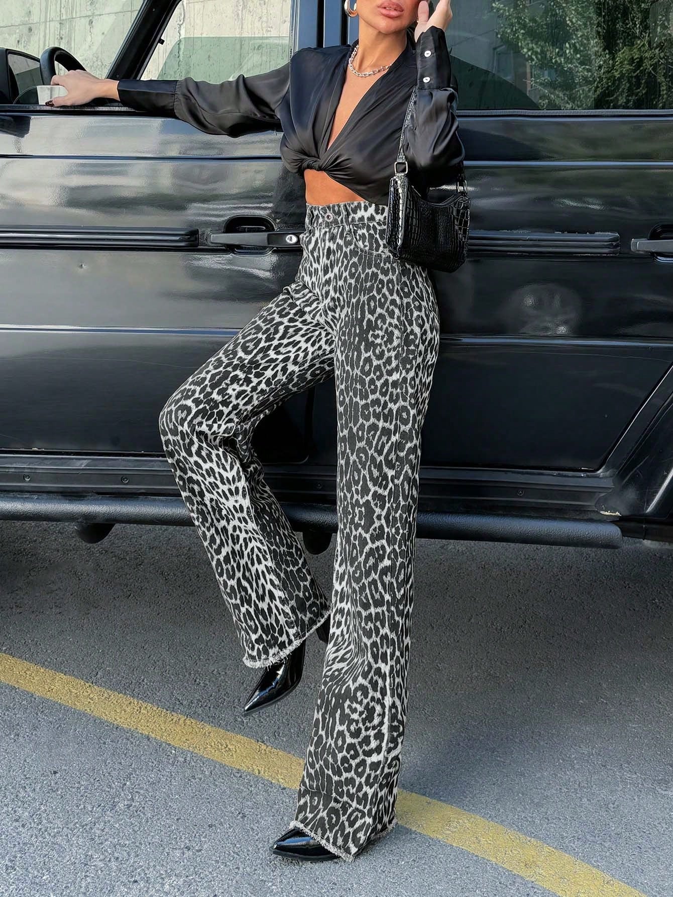 Ruechic Vaqueros casuales retro con estampado de leopardo, cintura alta y pierna recta