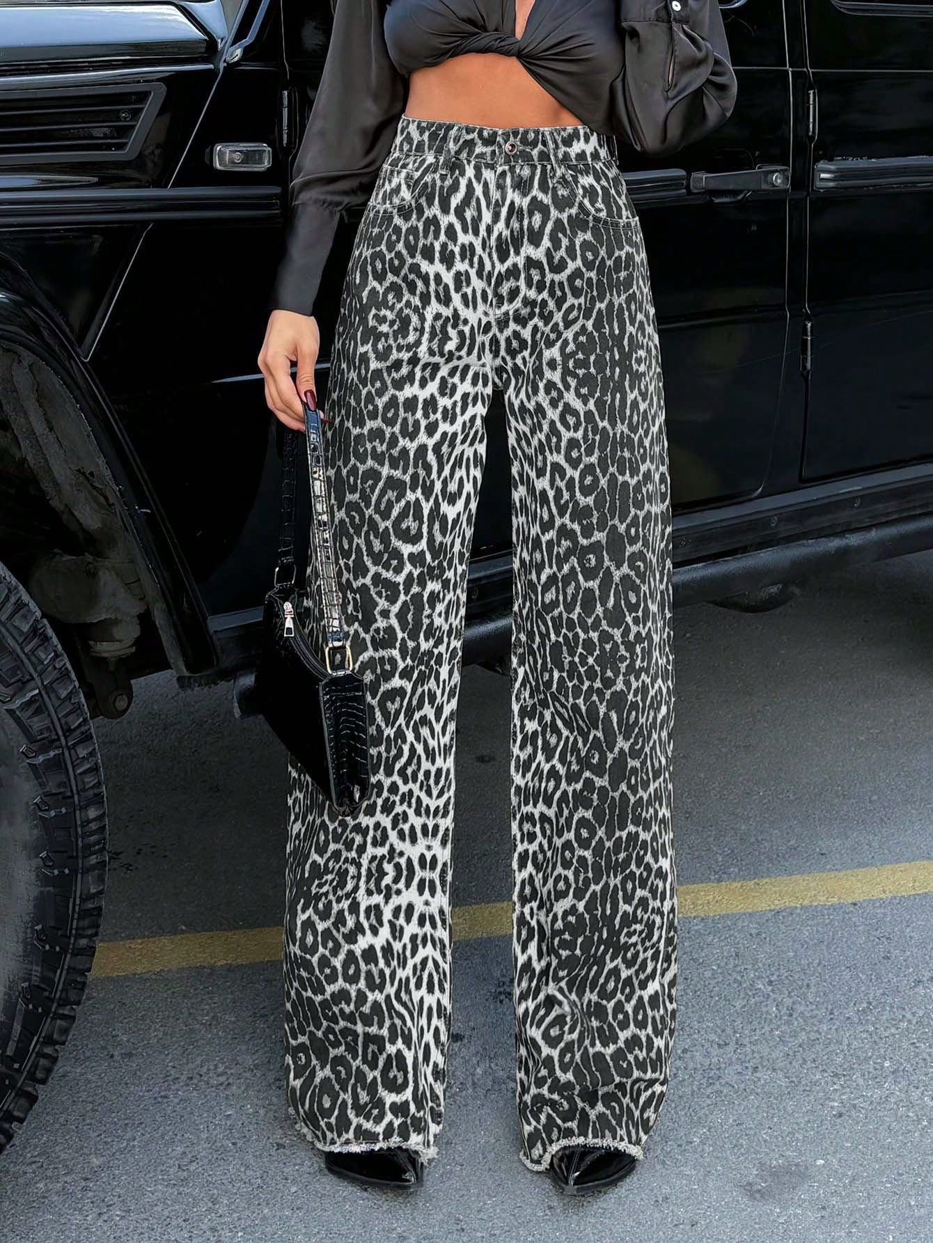 Ruechic Vaqueros casuales retro con estampado de leopardo, cintura alta y pierna recta
