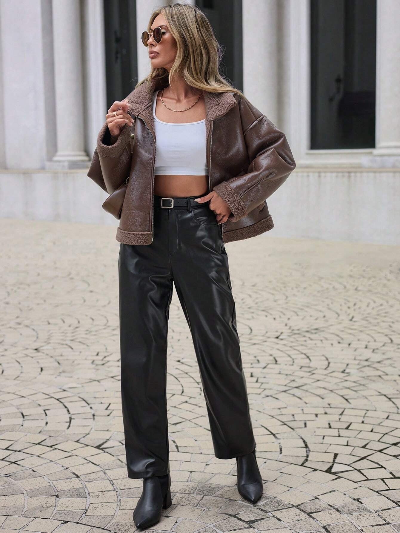 Drop Shoulder Zip up PU Leather Jacket