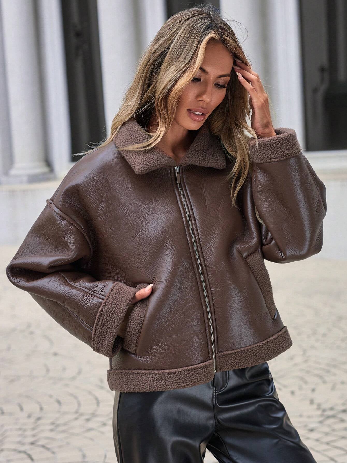 Drop Shoulder Zip up PU Leather Jacket