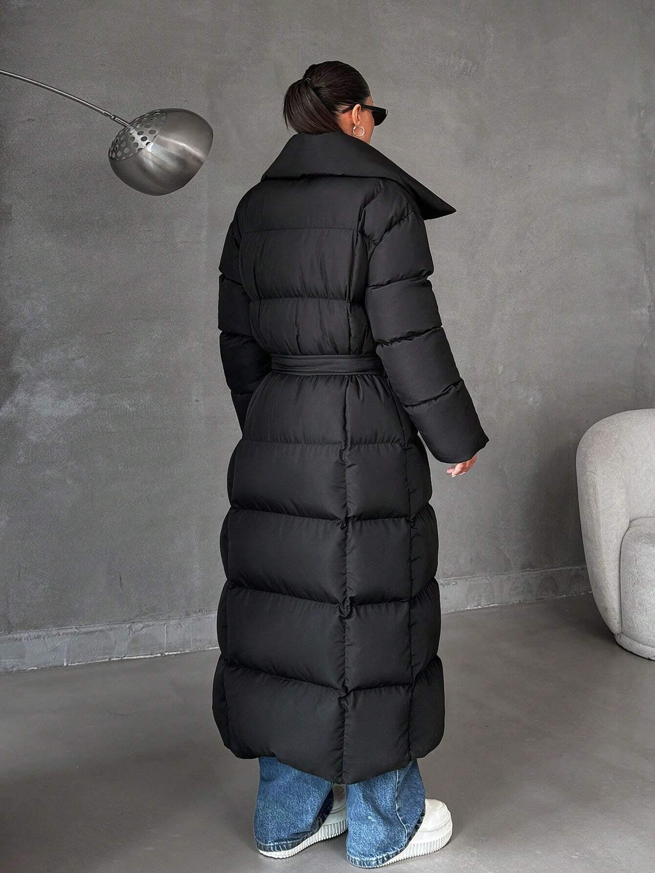Zip up Slant Pocket Padded Coat with Waist Belt