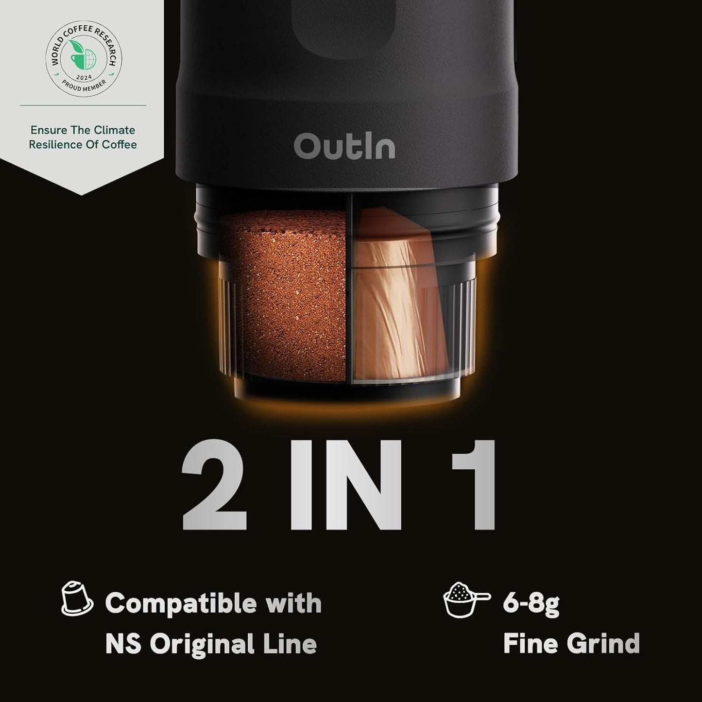 Outin Nano Cafetera Espresso Eléctrica Portátil, Cafetera De Viaje Para Camping, Cafetera De Coche Autocalentable Con USB-C, Con Café Molido Y Cápsula NS Para RV, Senderismo, Oficina