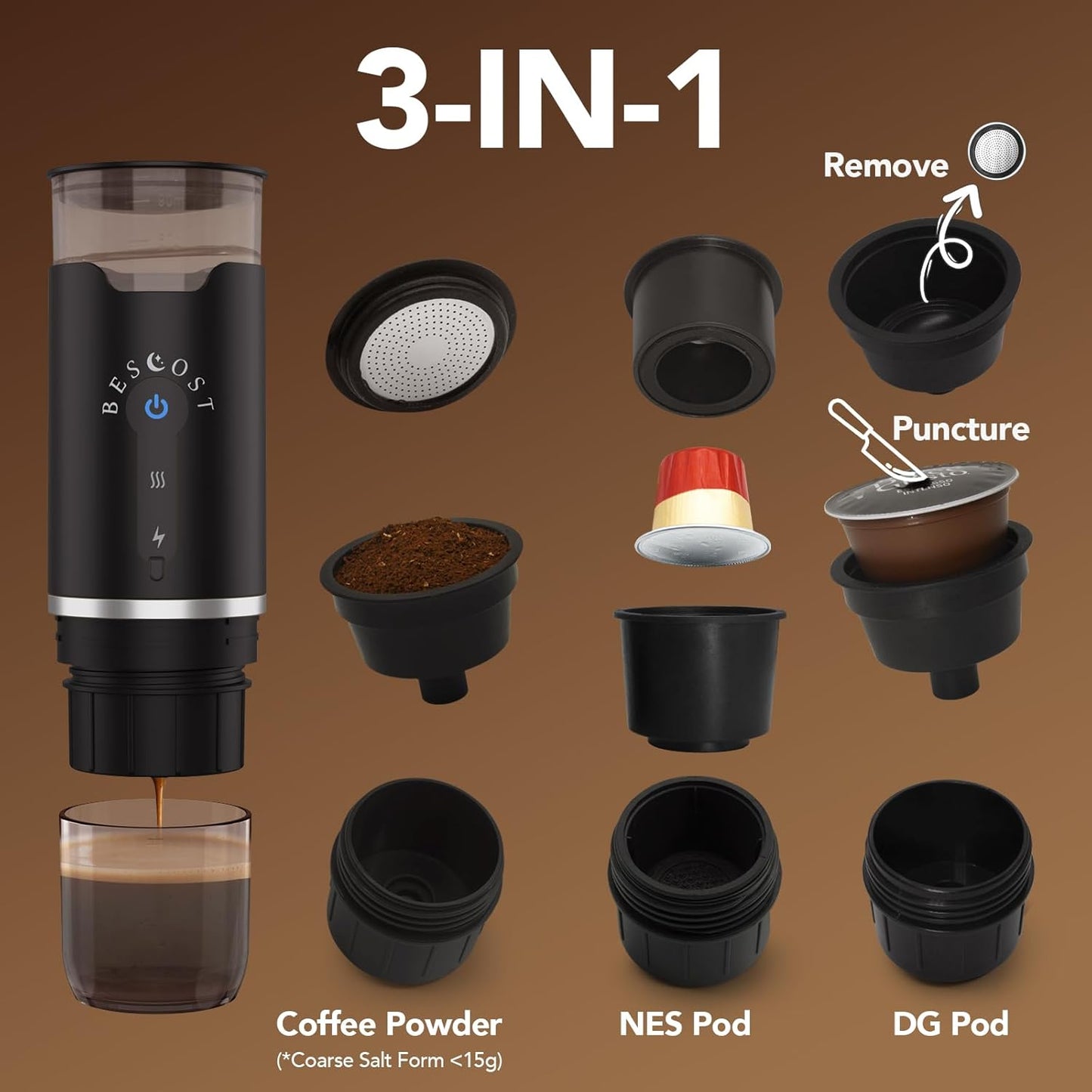 BESCOST Cafetera Portátil Capsulas 3 En 1, Cafetera Portátil Espresso Compatible Con NS Y DG Cápsulas Y Café Molido Para RV, Acampada, Senderismo, Oficina Y Hogar