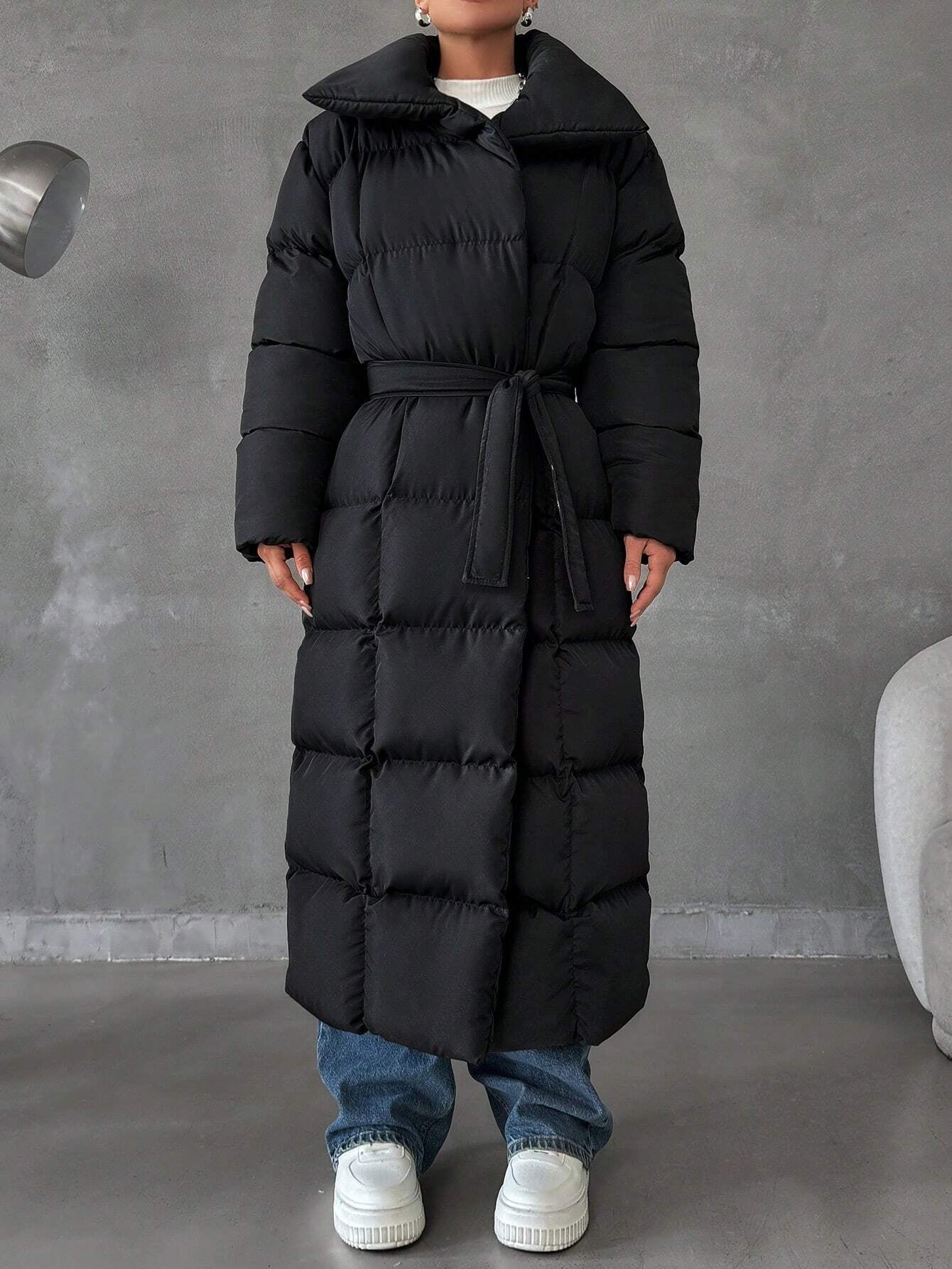 Zip up Slant Pocket Padded Coat with Waist Belt