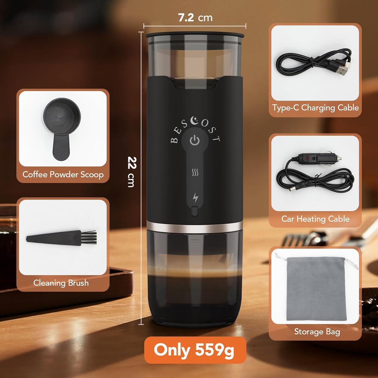 BESCOST Cafetera Portátil Capsulas 3 En 1, Cafetera Portátil Espresso Compatible Con NS Y DG Cápsulas Y Café Molido Para RV, Acampada, Senderismo, Oficina Y Hogar