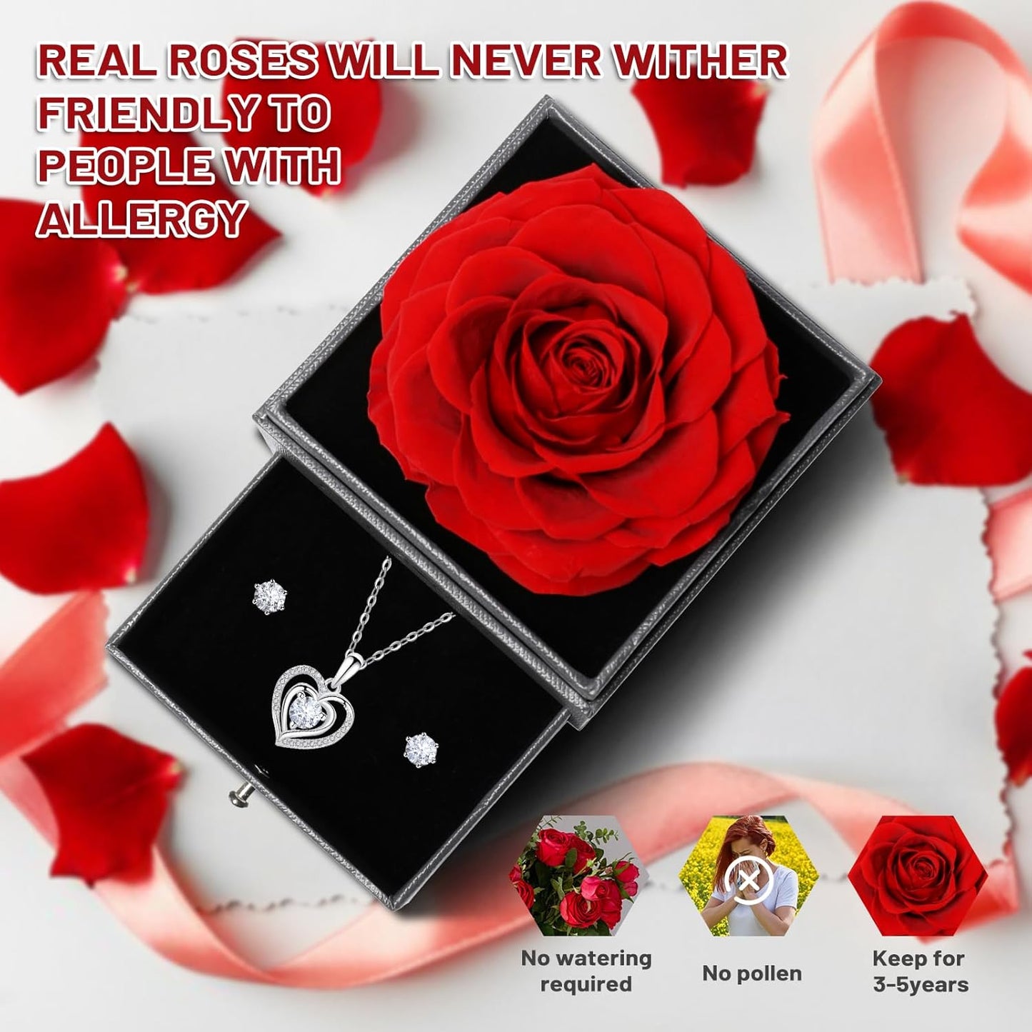 Yamonic Rosa Eterna Regalos Originales Para Mujer,Rosa Eterna Natural Preservada Con Collar Y Pendientes De Plata De Ley 925,Flore Preservada Regalo Navidad San Valentin Dia De La Madre Cumpleaños