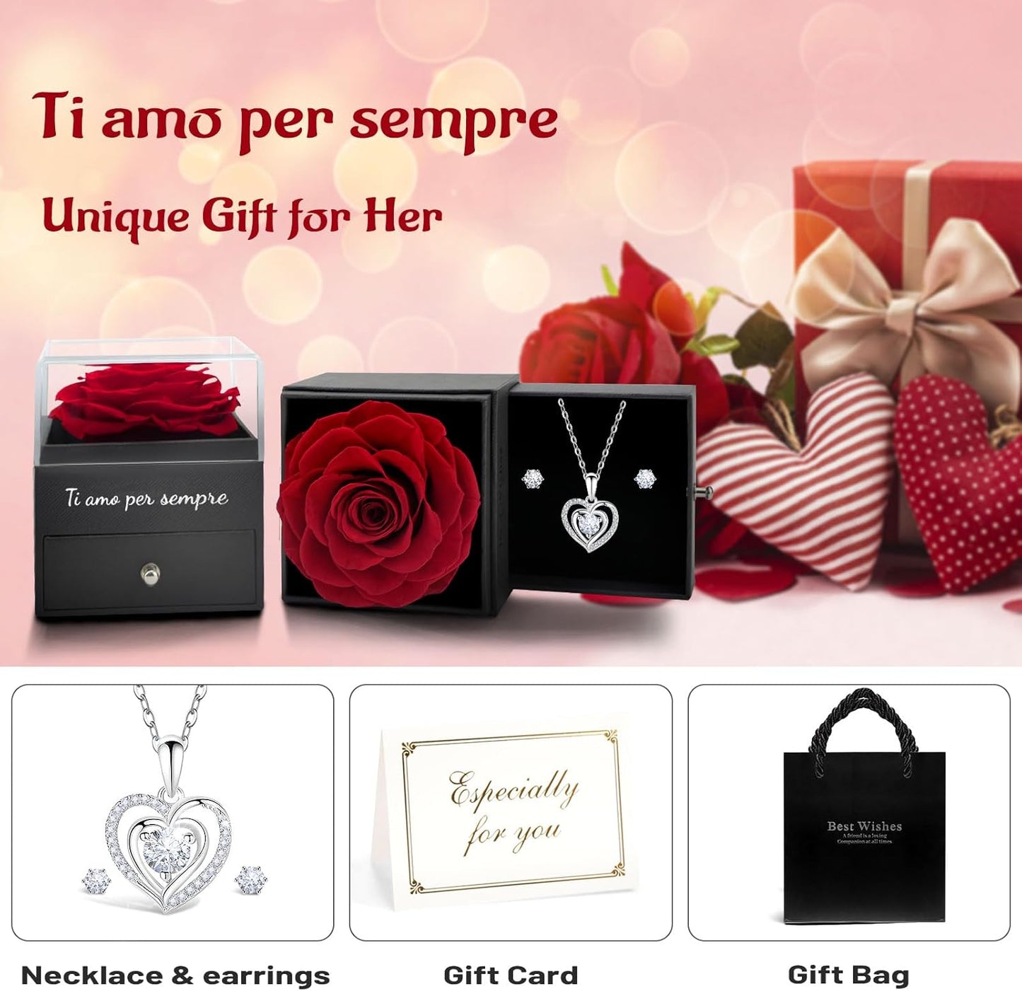 Yamonic Rosa Eterna Regalos Originales Para Mujer,Rosa Eterna Natural Preservada Con Collar Y Pendientes De Plata De Ley 925,Flore Preservada Regalo Navidad San Valentin Dia De La Madre Cumpleaños