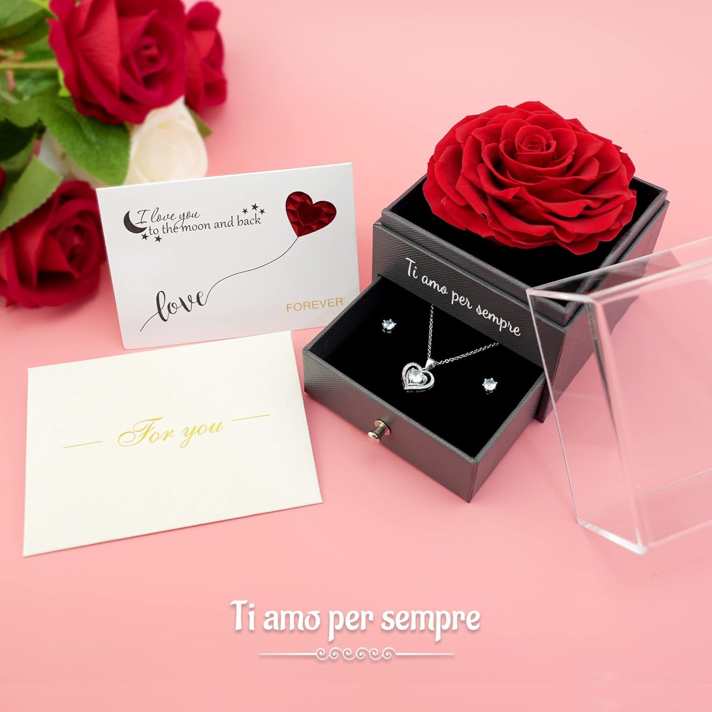 Yamonic Rosa Eterna Regalos Originales Para Mujer,Rosa Eterna Natural Preservada Con Collar Y Pendientes De Plata De Ley 925,Flore Preservada Regalo Navidad San Valentin Dia De La Madre Cumpleaños