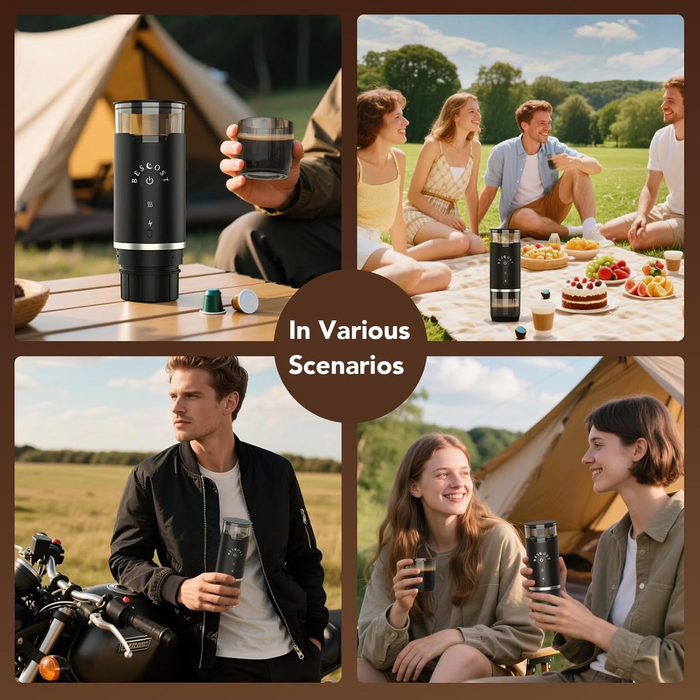 BESCOST Cafetera Portátil Capsulas 3 En 1, Cafetera Portátil Espresso Compatible Con NS Y DG Cápsulas Y Café Molido Para RV, Acampada, Senderismo, Oficina Y Hogar