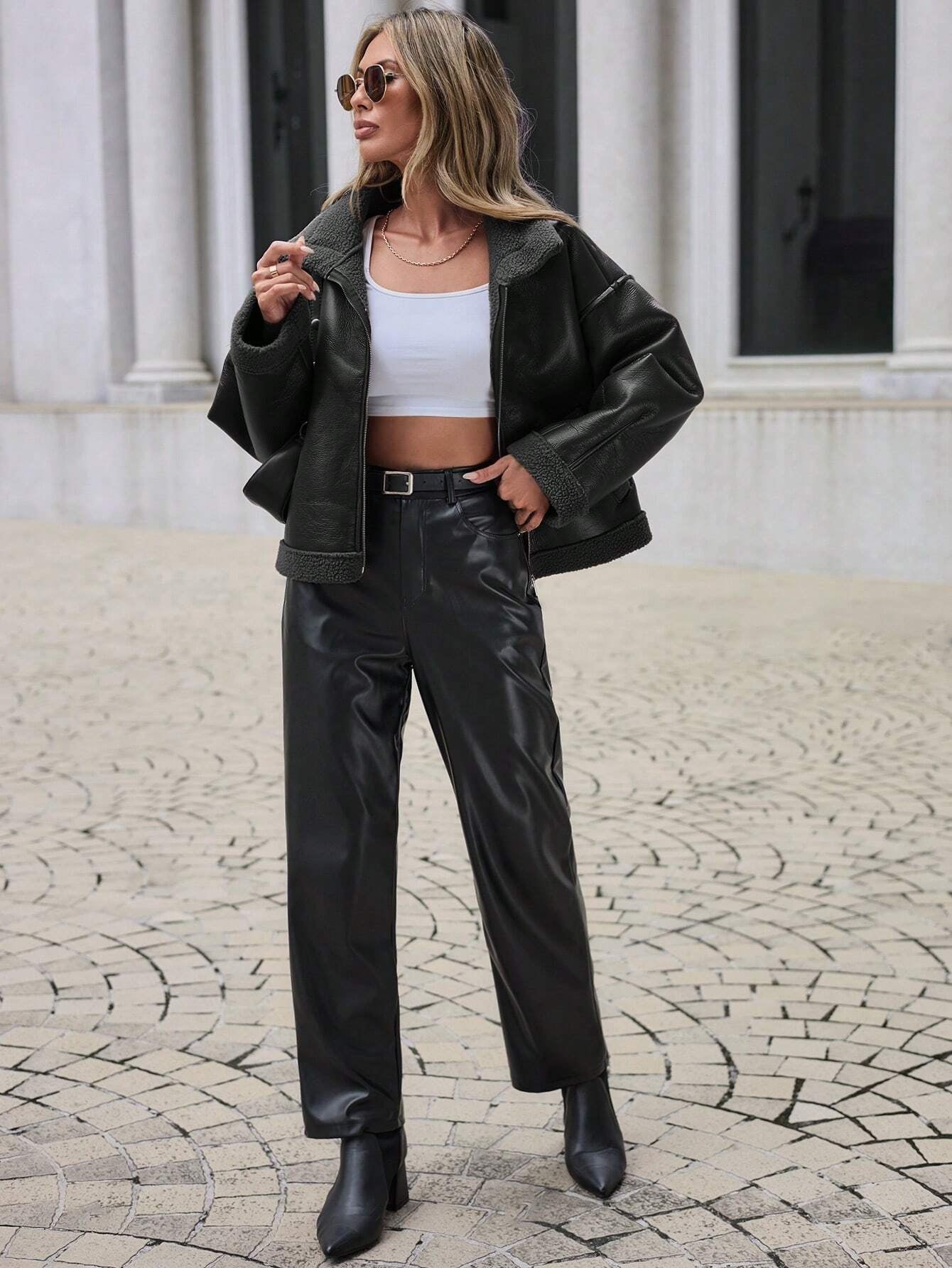 Drop Shoulder Zip up PU Leather Jacket
