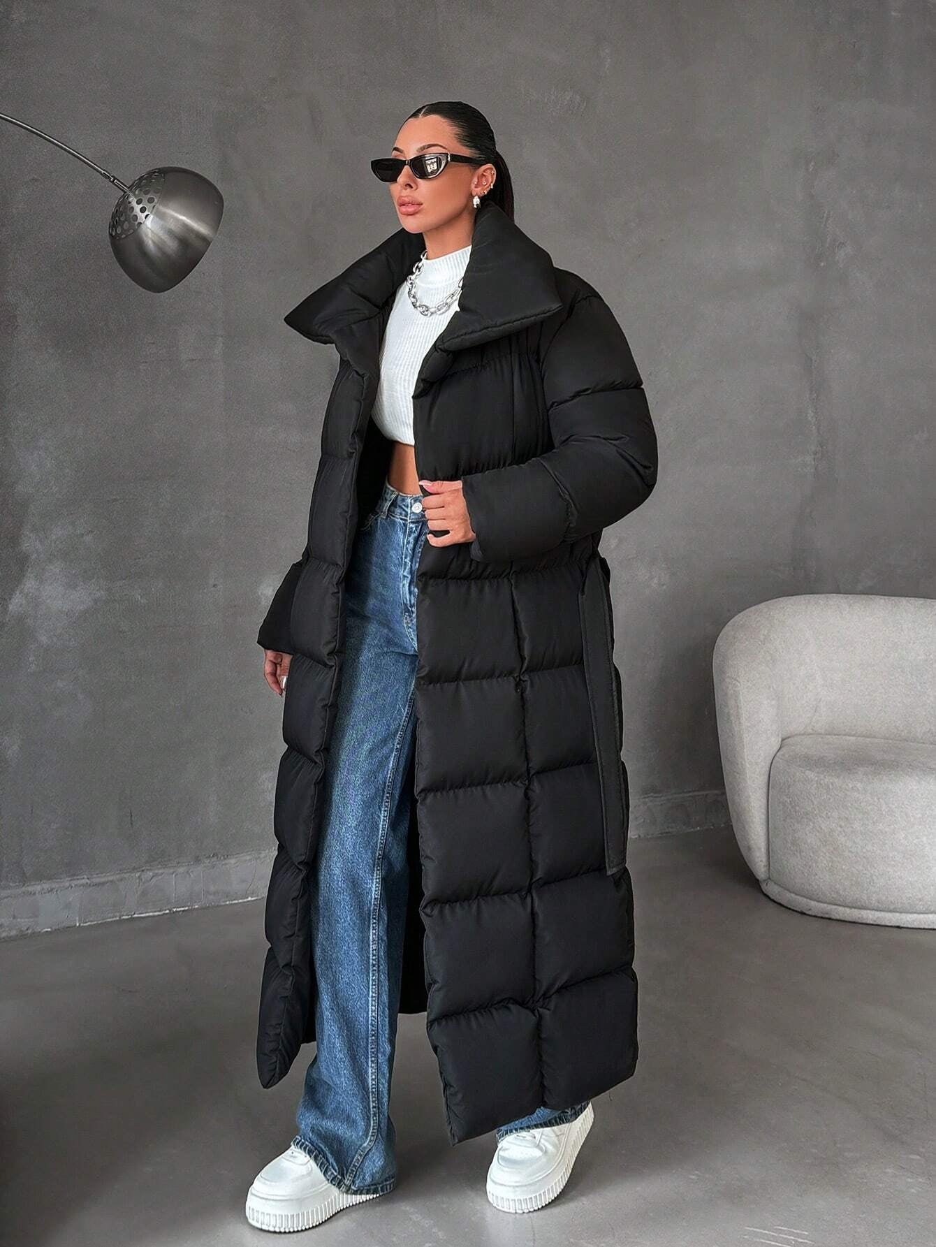 Zip up Slant Pocket Padded Coat with Waist Belt