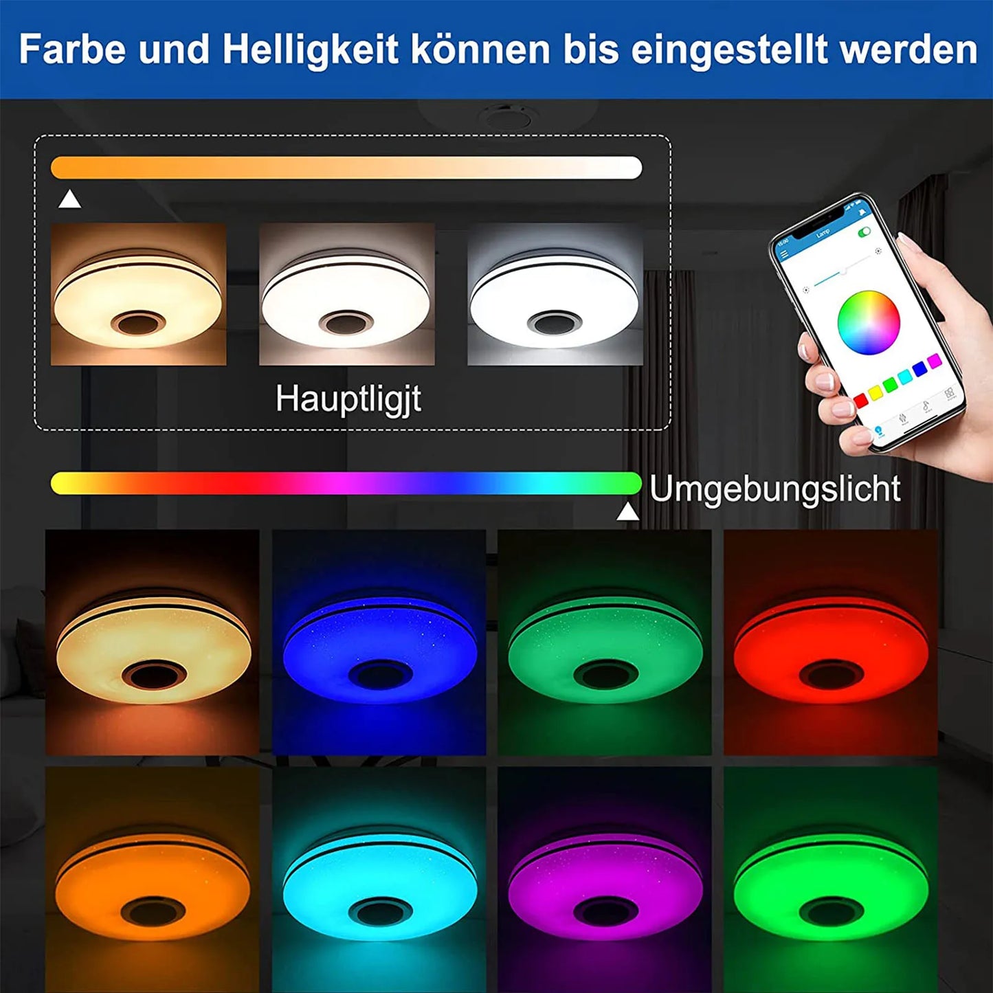 Lámpara de techo LED de 36 W con altavoz Bluetooth, regulable mediante mando a distancia y control por aplicación, lámpara de techo LED con cambio de color RGB.