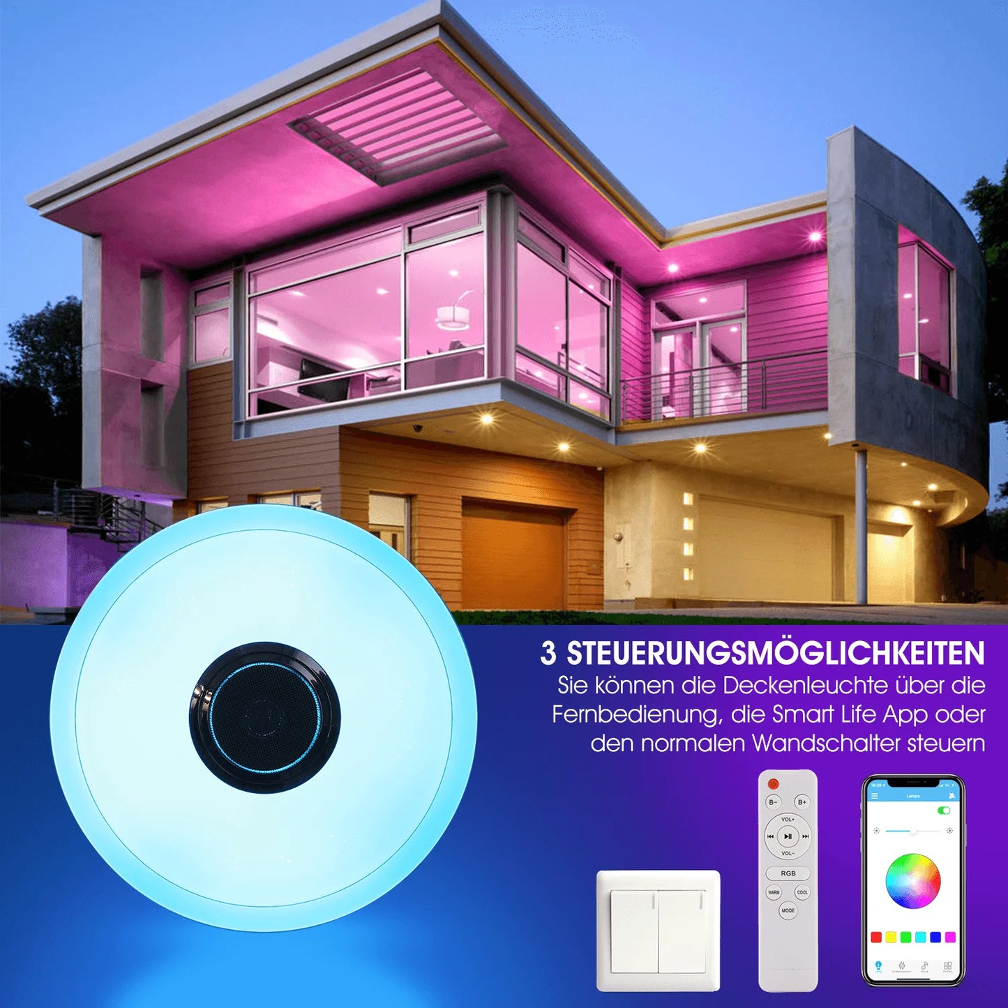 Lámpara de techo LED de 36 W con altavoz Bluetooth, regulable mediante mando a distancia y control por aplicación, lámpara de techo LED con cambio de color RGB.
