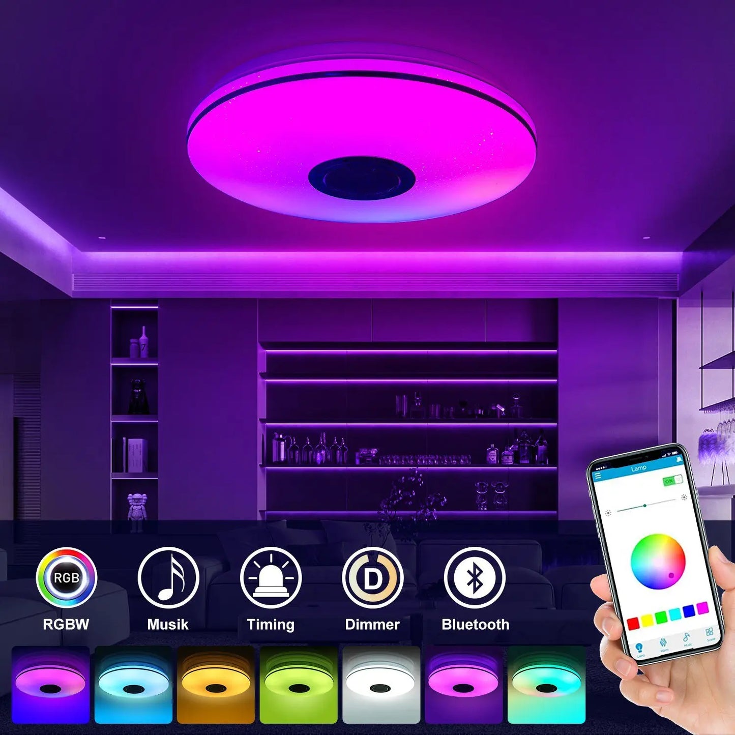 Lámpara de techo LED de 36 W con altavoz Bluetooth, regulable mediante mando a distancia y control por aplicación, lámpara de techo LED con cambio de color RGB.