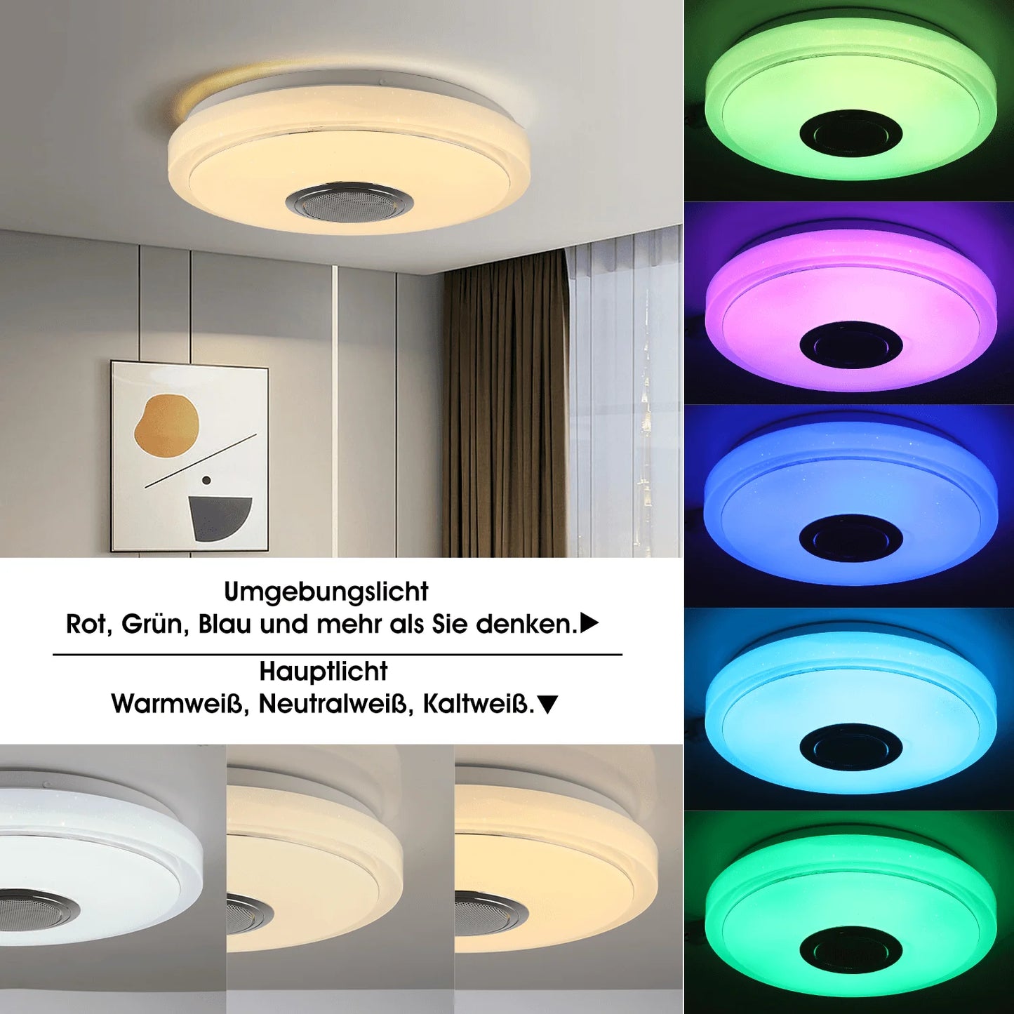 Lámpara de techo LED de 36 W con altavoz Bluetooth, regulable mediante mando a distancia y control por aplicación, lámpara de techo LED con cambio de color RGB.