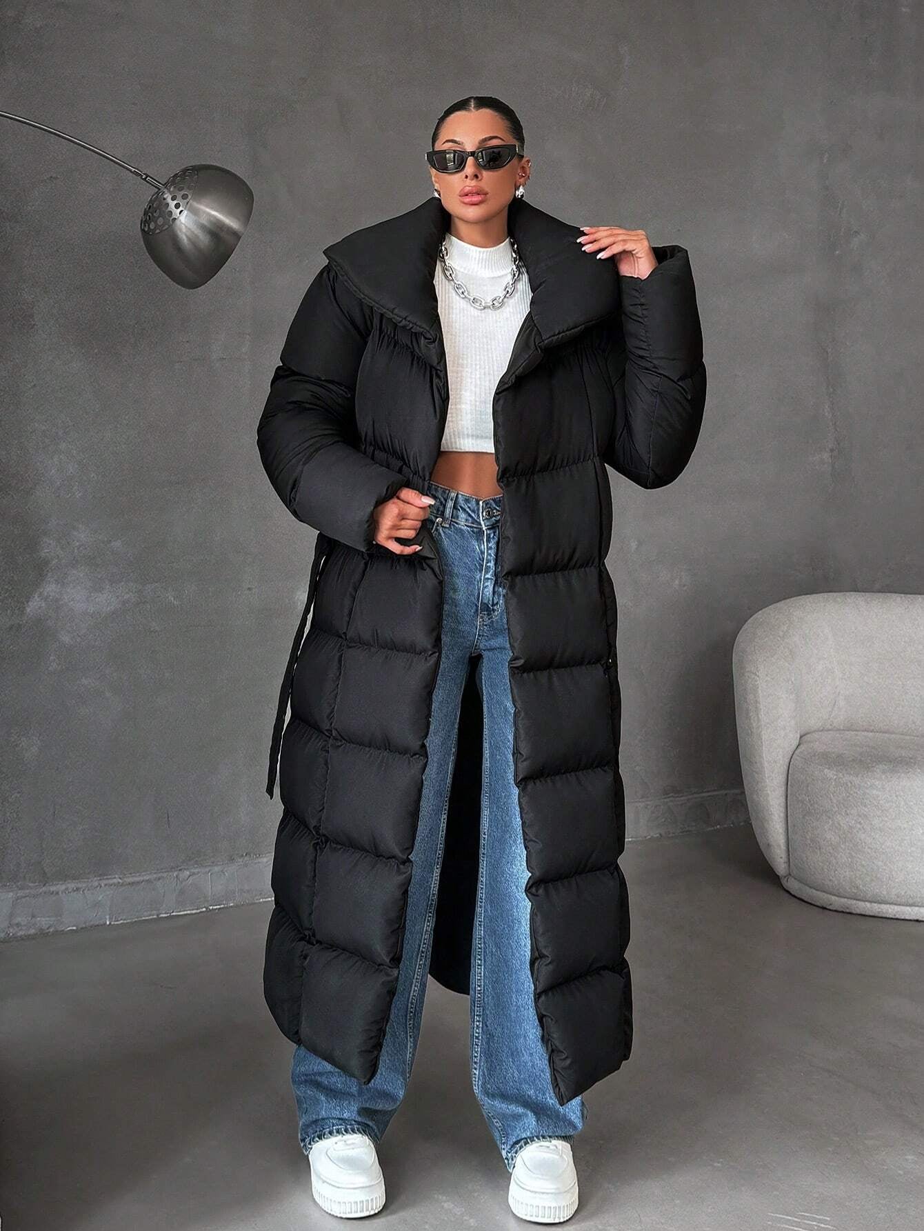 Zip up Slant Pocket Padded Coat with Waist Belt