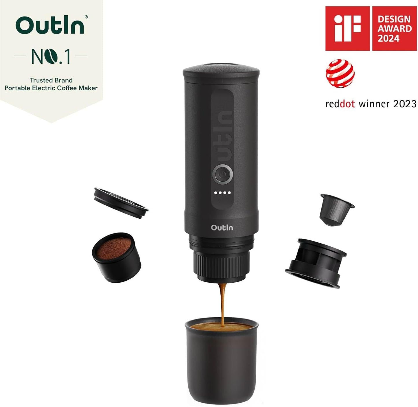 Outin Nano Cafetera Espresso Eléctrica Portátil, Cafetera De Viaje Para Camping, Cafetera De Coche Autocalentable Con USB-C, Con Café Molido Y Cápsula NS Para RV, Senderismo, Oficina