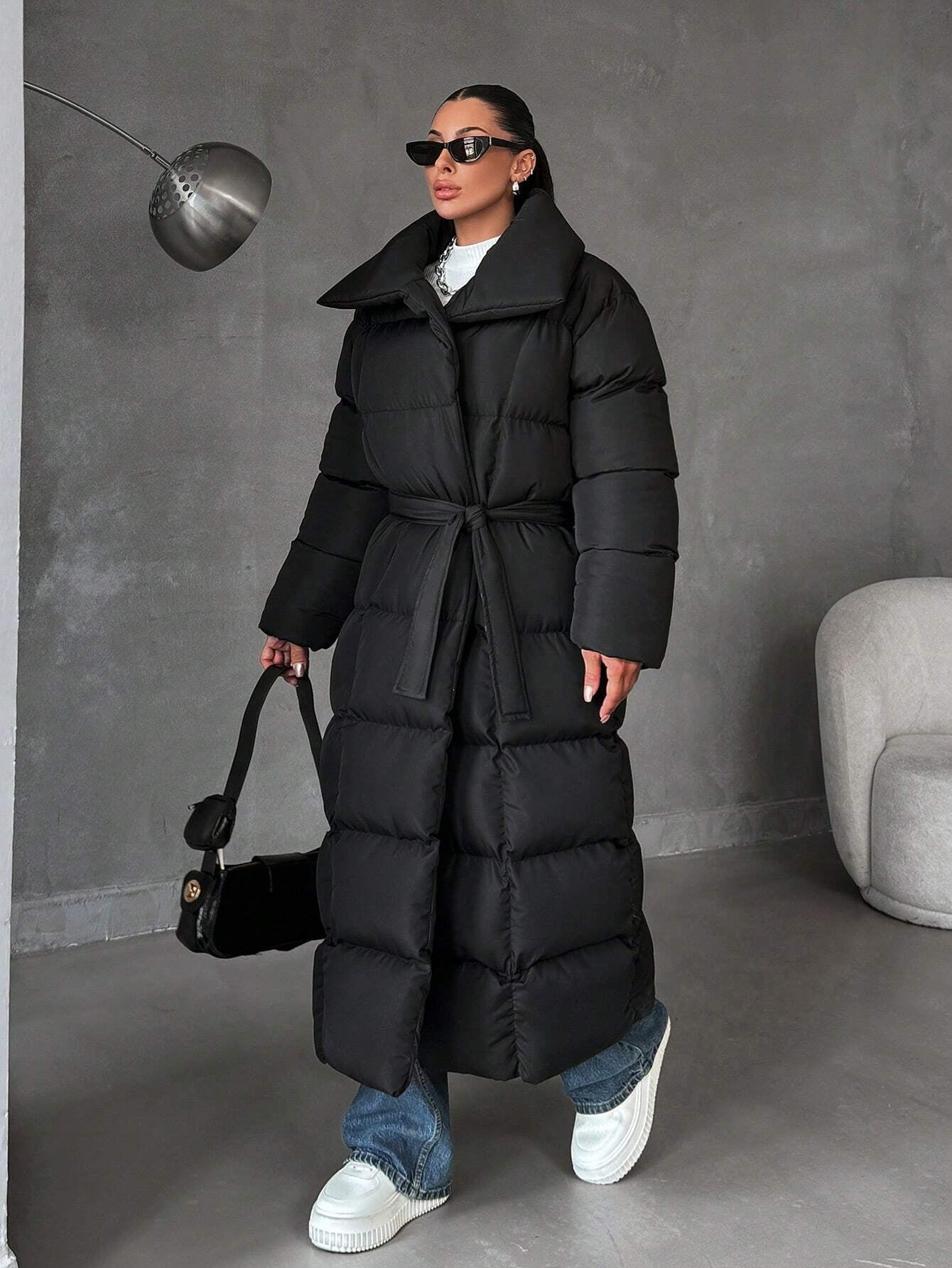 Zip up Slant Pocket Padded Coat with Waist Belt
