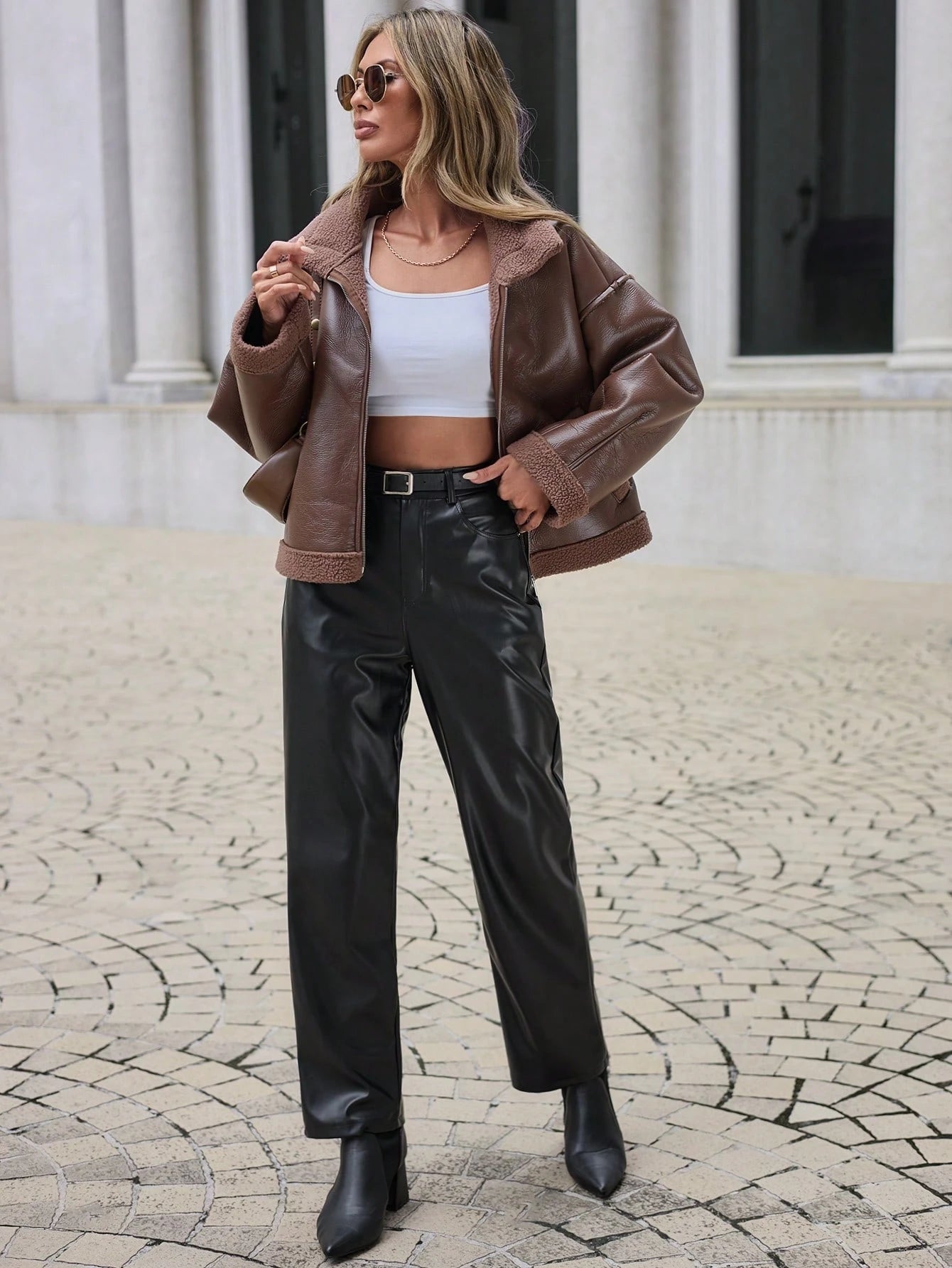 Drop Shoulder Zip up PU Leather Jacket