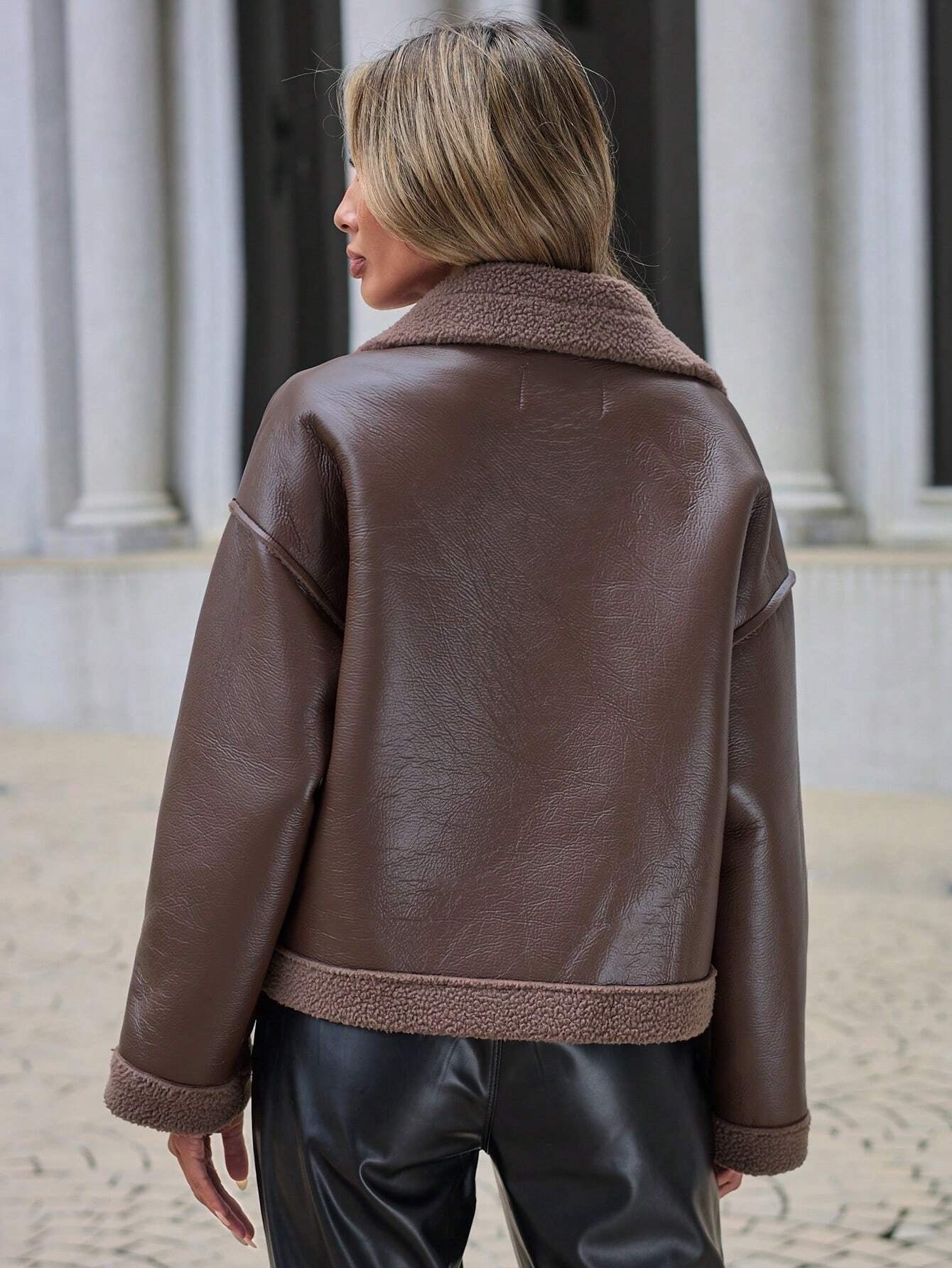 Drop Shoulder Zip up PU Leather Jacket