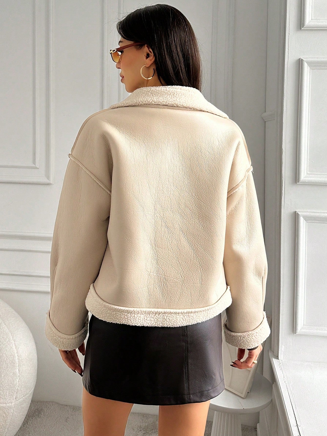 Drop Shoulder Zip up PU Leather Jacket