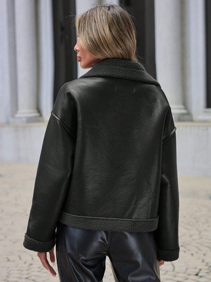 Drop Shoulder Zip up PU Leather Jacket