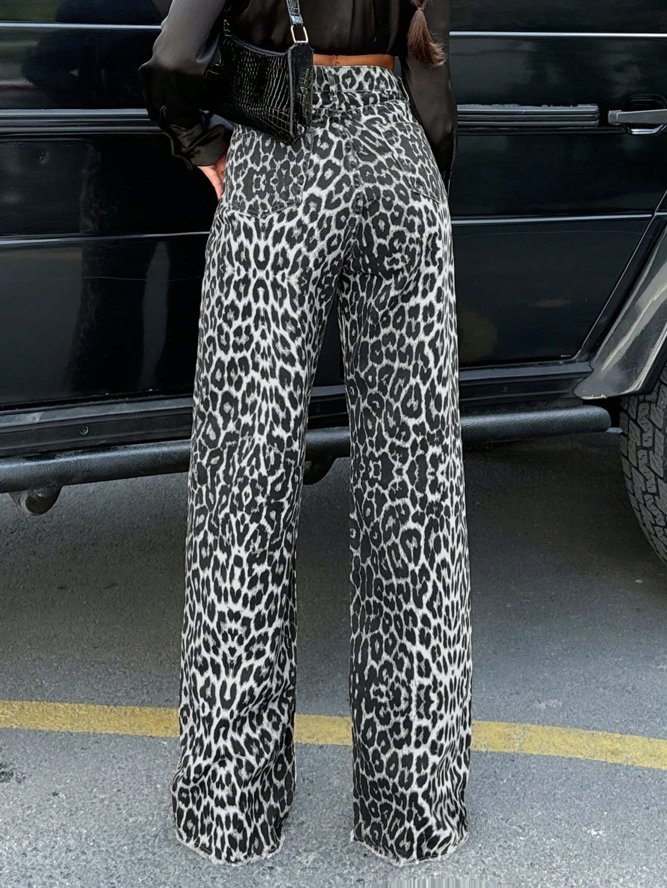 Ruechic Vaqueros casuales retro con estampado de leopardo, cintura alta y pierna recta
