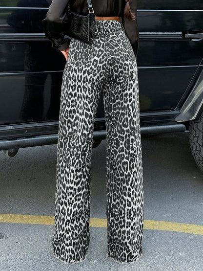 Ruechic Vaqueros casuales retro con estampado de leopardo, cintura alta y pierna recta