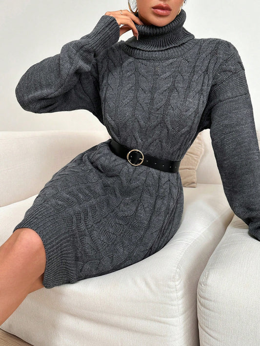 Top de punto de algodón Ruechic de largo medio para mujer con tejido floral complejo, cuello vuelto, cinturón en la cintura y dobladillo asimétrico.