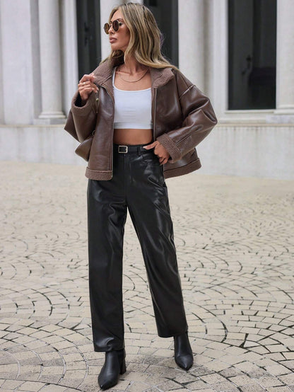 Drop Shoulder Zip up PU Leather Jacket