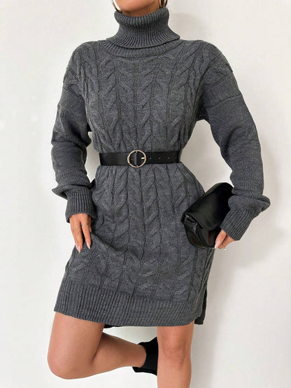 Top de punto de algodón Ruechic de largo medio para mujer con tejido floral complejo, cuello vuelto, cinturón en la cintura y dobladillo asimétrico.