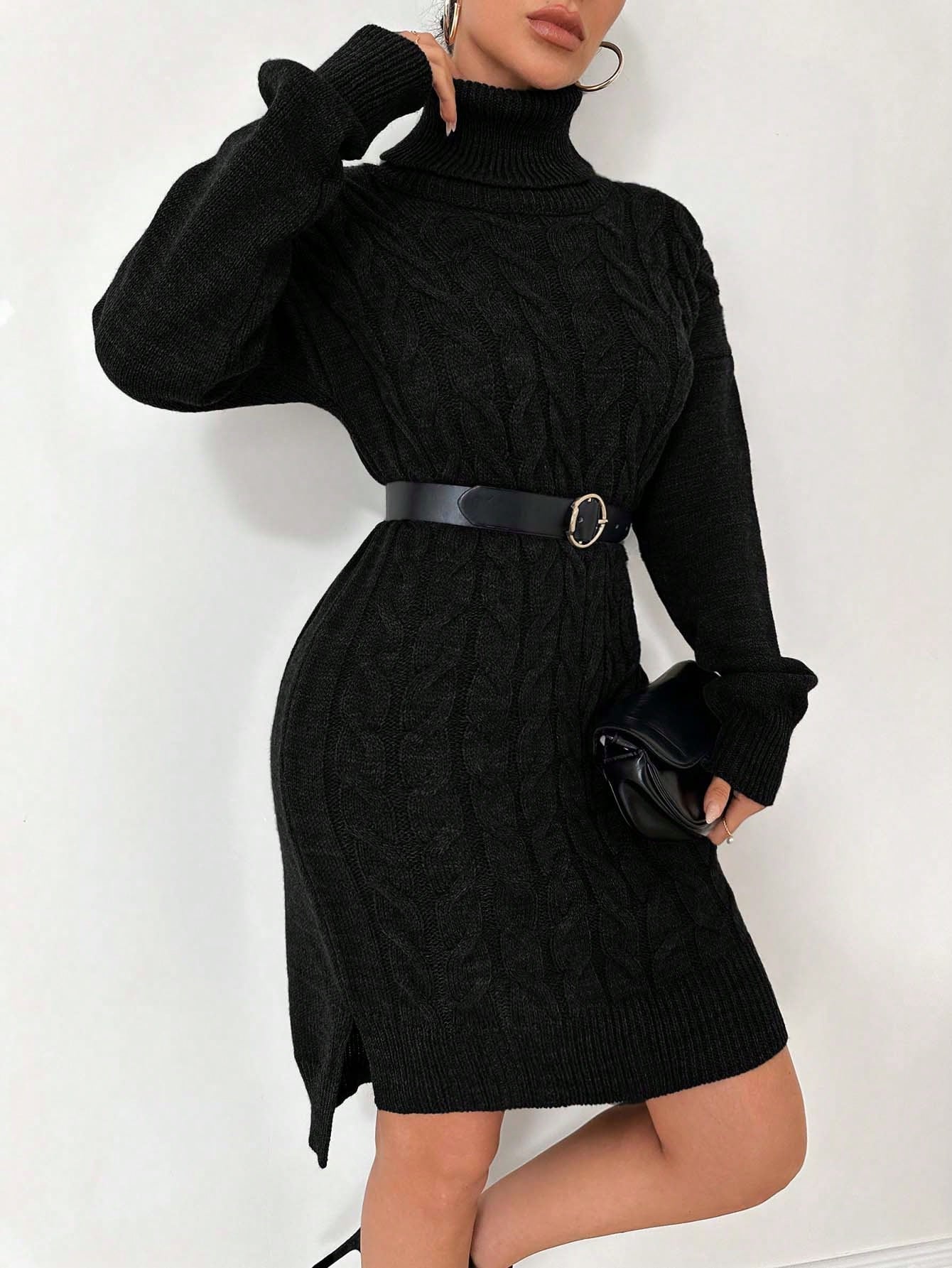 Top de punto de algodón Ruechic de largo medio para mujer con tejido floral complejo, cuello vuelto, cinturón en la cintura y dobladillo asimétrico.