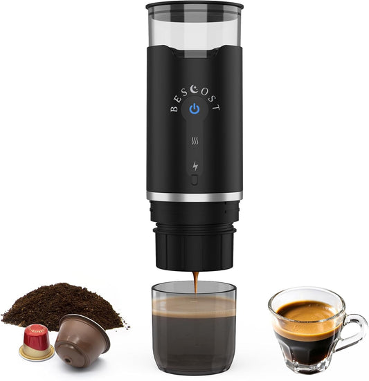 BESCOST Cafetera Portátil Capsulas 3 En 1, Cafetera Portátil Espresso Compatible Con NS Y DG Cápsulas Y Café Molido Para RV, Acampada, Senderismo, Oficina Y Hogar