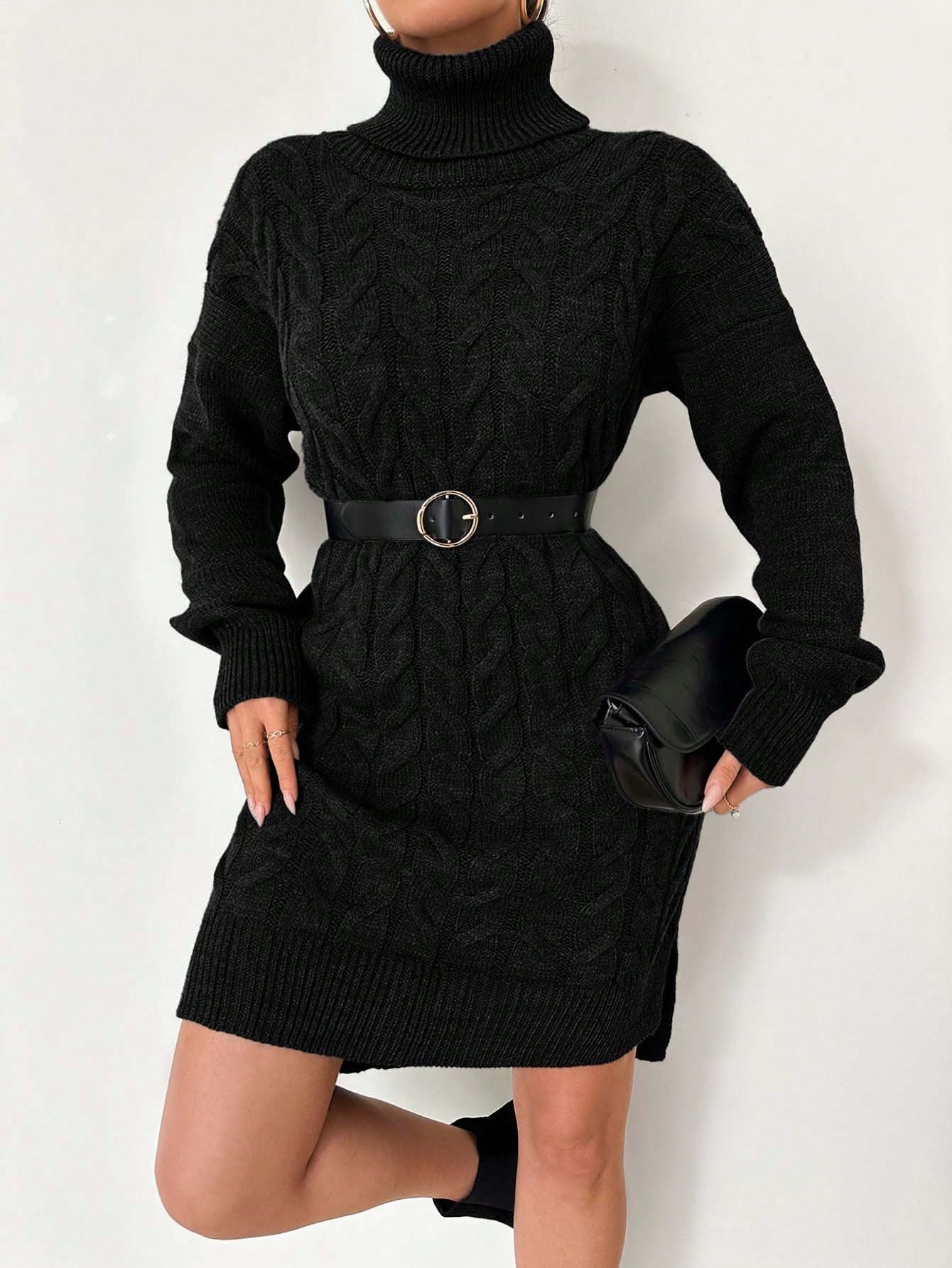 Top de punto de algodón Ruechic de largo medio para mujer con tejido floral complejo, cuello vuelto, cinturón en la cintura y dobladillo asimétrico.