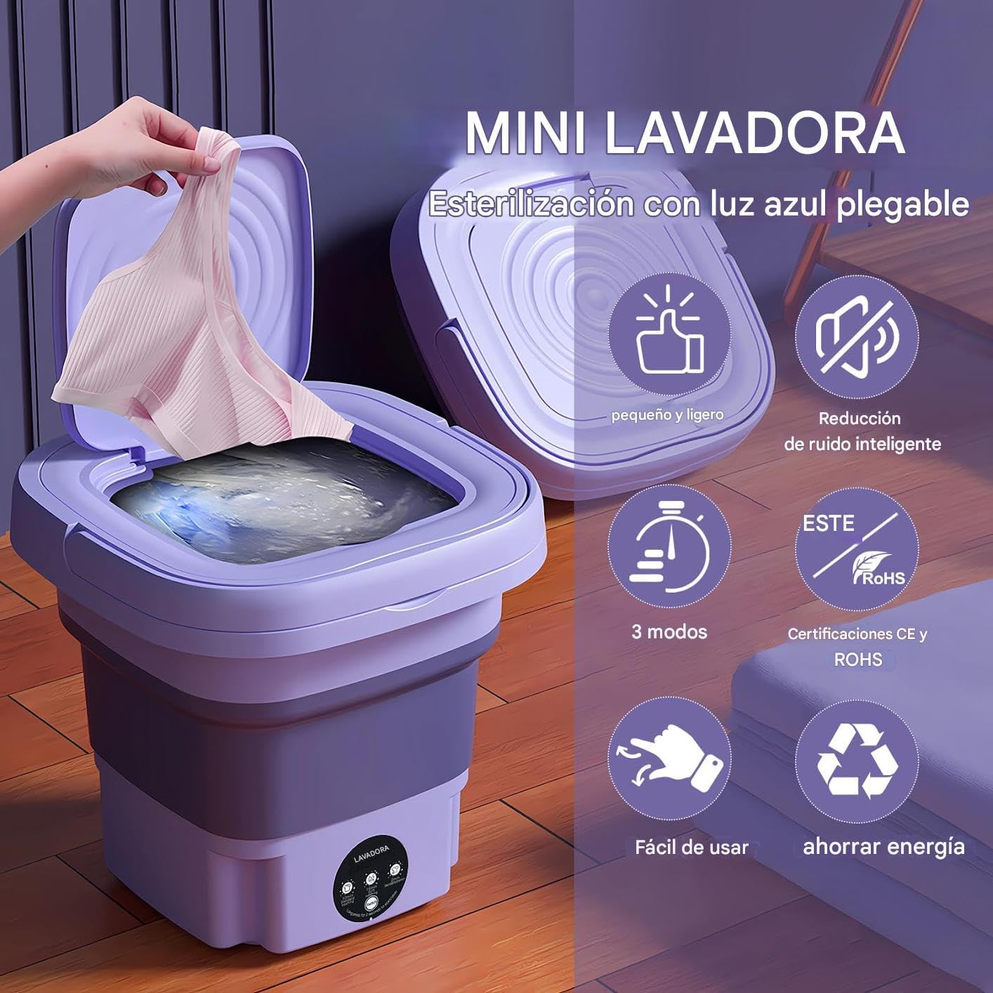 Lavadora Portátil Plegable de 11L – Mini Lavadora Automática con Sistema de Drenaje – Ideal para Viajes, Camping, Furgonetas y Espacios Reducidos – Clase Energética A (Enchufe EU)