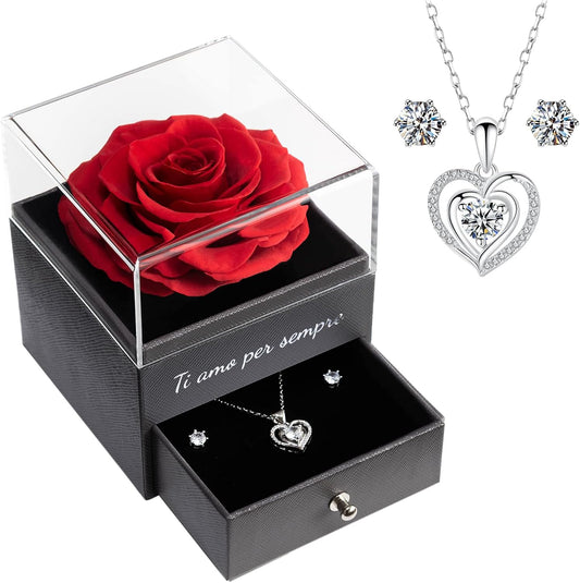 Yamonic Rosa Eterna Regalos Originales Para Mujer,Rosa Eterna Natural Preservada Con Collar Y Pendientes De Plata De Ley 925,Flore Preservada Regalo Navidad San Valentin Dia De La Madre Cumpleaños