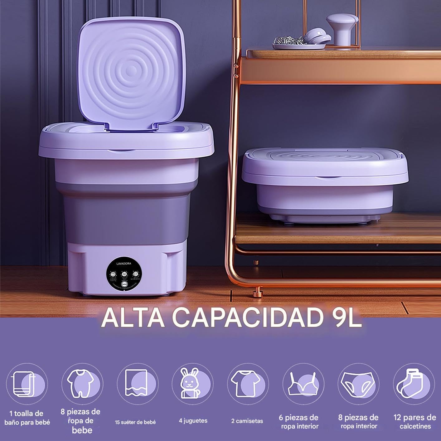 Lavadora Portátil Plegable de 11L – Mini Lavadora Automática con Sistema de Drenaje – Ideal para Viajes, Camping, Furgonetas y Espacios Reducidos – Clase Energética A (Enchufe EU)
