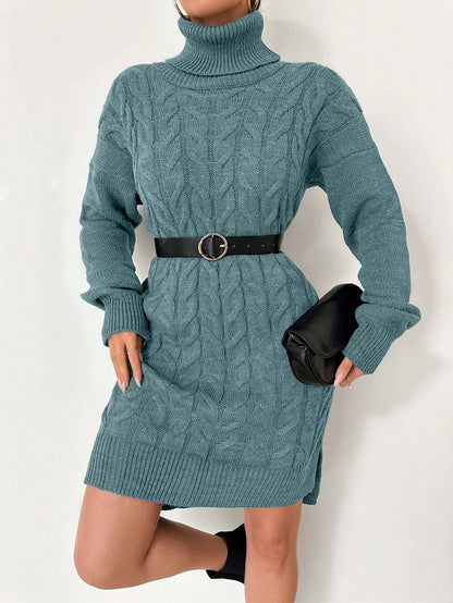 Top de punto de algodón Ruechic de largo medio para mujer con tejido floral complejo, cuello vuelto, cinturón en la cintura y dobladillo asimétrico.