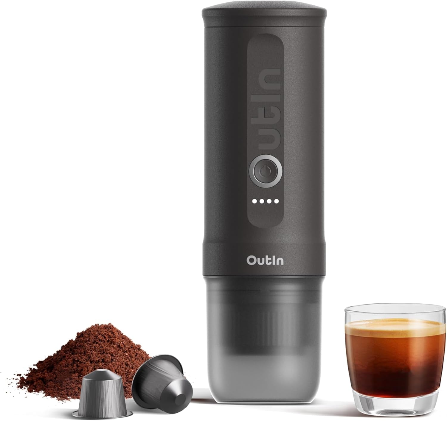 Outin Nano Cafetera Espresso Eléctrica Portátil, Cafetera De Viaje Para Camping, Cafetera De Coche Autocalentable Con USB-C, Con Café Molido Y Cápsula NS Para RV, Senderismo, Oficina