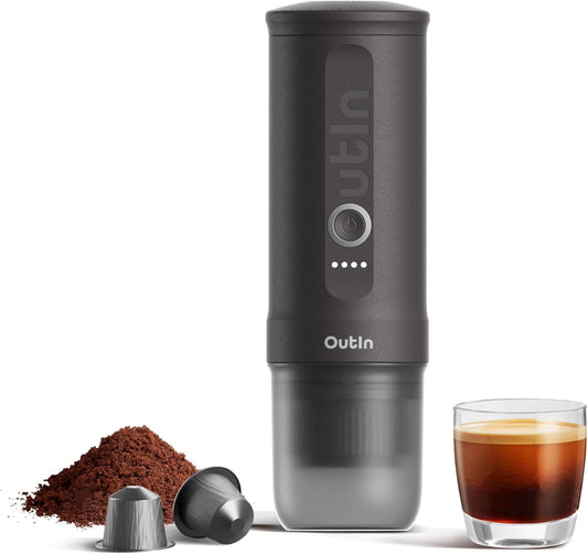 Outin Nano Cafetera Espresso Eléctrica Portátil, Cafetera De Viaje Para Camping, Cafetera De Coche Autocalentable Con USB-C, Con Café Molido Y Cápsula NS Para RV, Senderismo, Oficina
