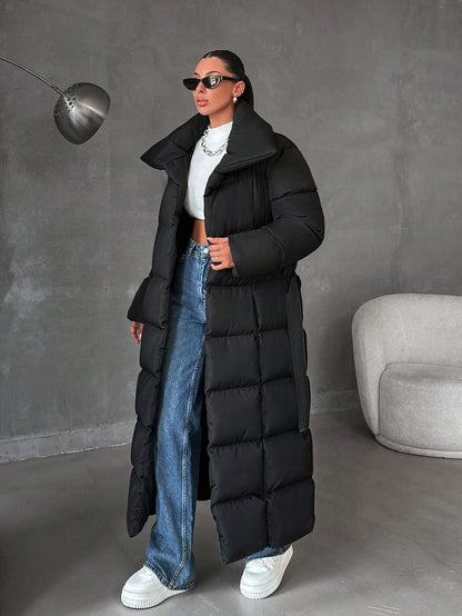 Zip up Slant Pocket Padded Coat with Waist Belt