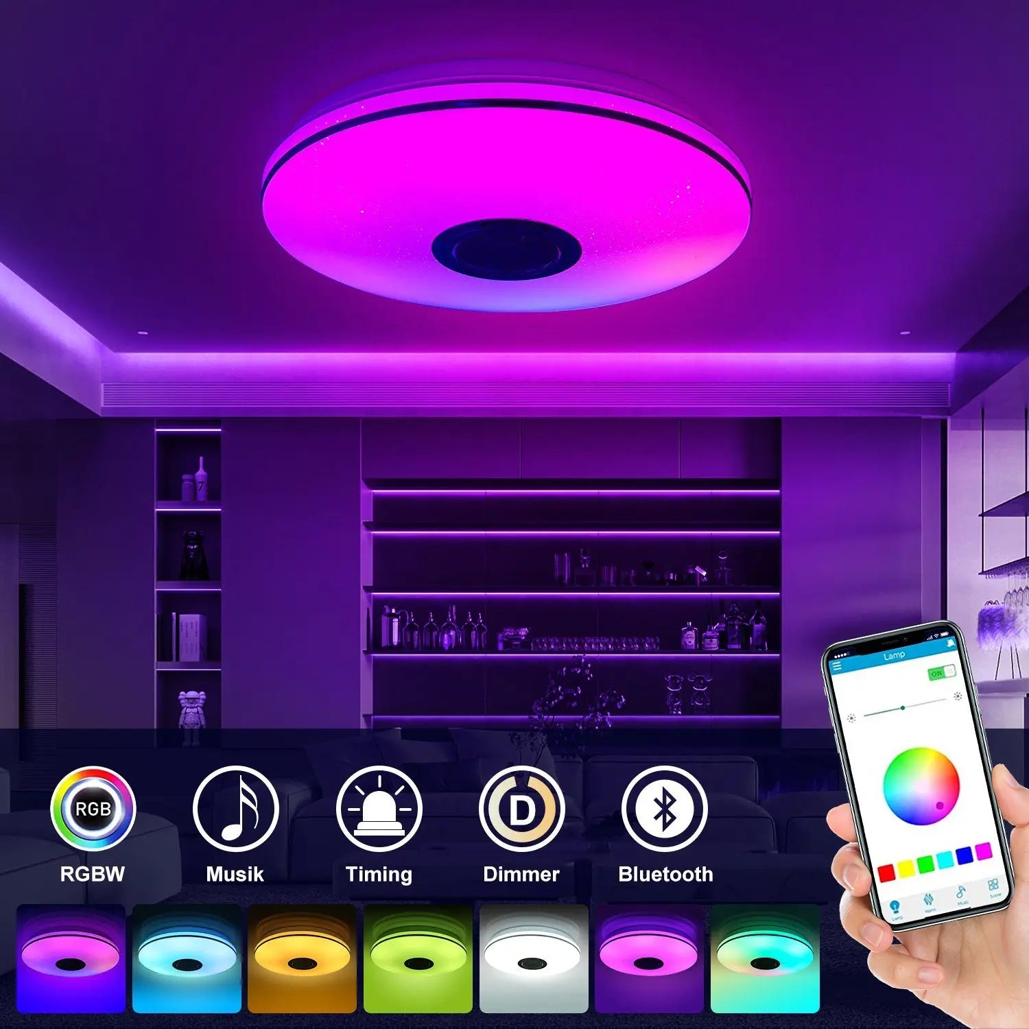 Lámpara de techo LED de 36 W con altavoz Bluetooth, regulable mediante mando a distancia y control por aplicación, lámpara de techo LED con cambio de color RGB.