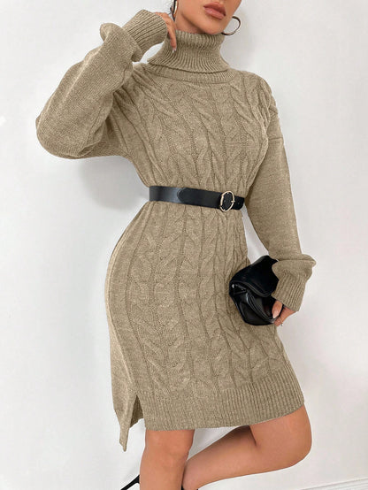 Top de punto de algodón Ruechic de largo medio para mujer con tejido floral complejo, cuello vuelto, cinturón en la cintura y dobladillo asimétrico.