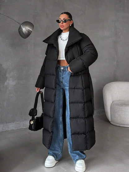 Zip up Slant Pocket Padded Coat with Waist Belt