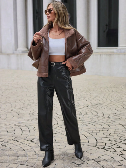 Drop Shoulder Zip up PU Leather Jacket