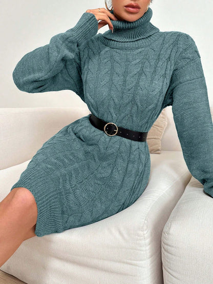 Top de punto de algodón Ruechic de largo medio para mujer con tejido floral complejo, cuello vuelto, cinturón en la cintura y dobladillo asimétrico.