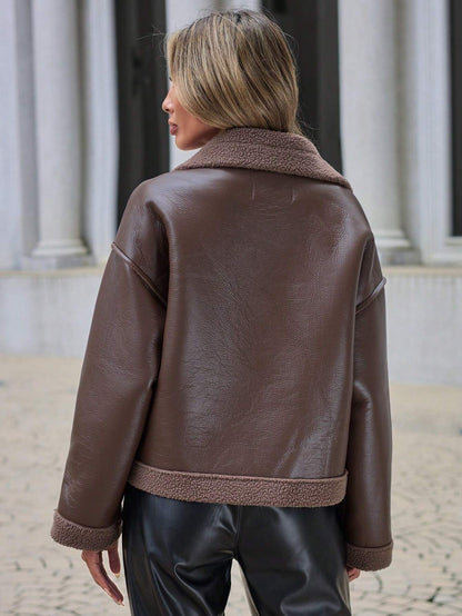 Drop Shoulder Zip up PU Leather Jacket