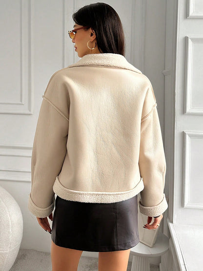Drop Shoulder Zip up PU Leather Jacket