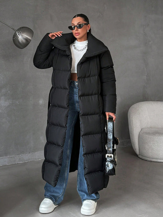 Zip up Slant Pocket Padded Coat with Waist Belt